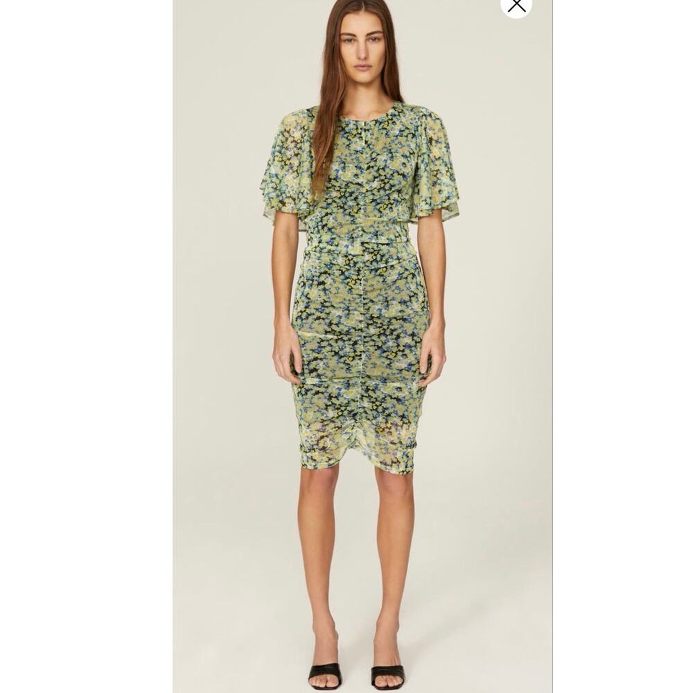 SAUNDERS Green Yellow Floral Print Sheath Ruched Mesh Wide Sleeve Dress size 8